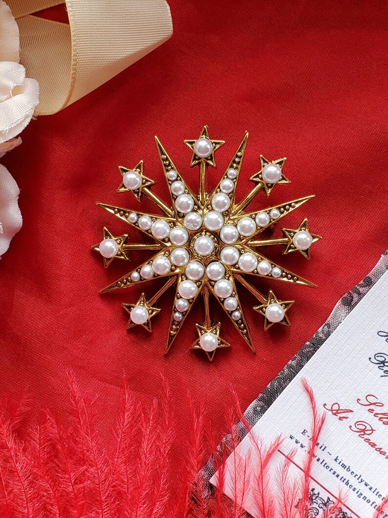 BR-0034L - Gold Star Pearl Brooch, 18th Century Brooch, Royalty, Pearls, White, Sun Moon and Stars