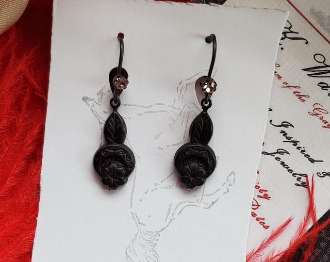 E-0606 - Black Plated Rhinestone and Black Floral Leaf Drops - Mourning, Civil War, Memento Mori, Victorian, Goth, Black