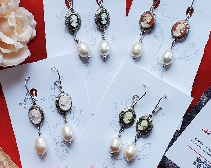 E-0239G - Vintage Cameo and Pearl Earrings - Georgian Cameo Earrings, Civil War Earrings, Victorian Earrings