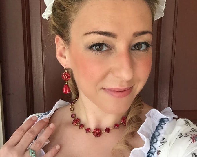 E-0654N - Martha Washington Garnet Rosette Necklace - Red, Garnet Rhinestone, Red Paste, Martha, Martha Washington Necklace