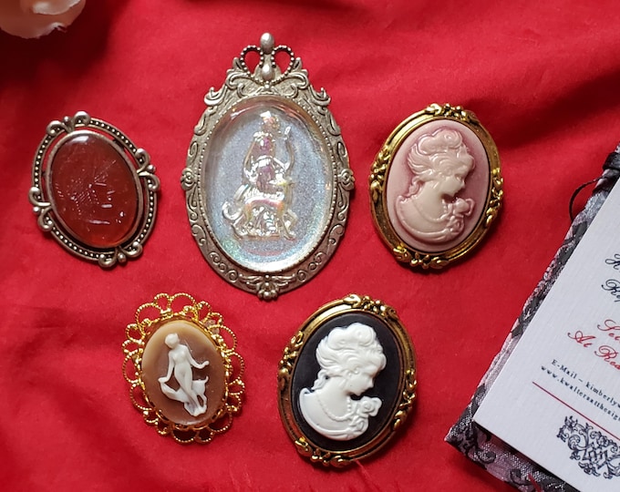 BR-0041 - Variety of Cameo Brooches, Green Cameo, Brass, Clear Cameo, Skull Cameo, Three Graces Blue Black
