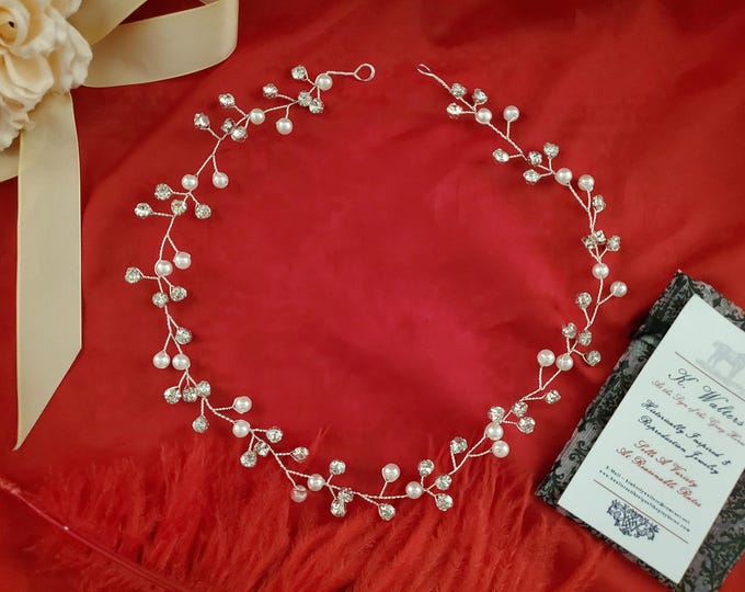 HA-0041 - Wire Wrapped Pearl and Crystal Headband - Weddings, Ballet, dance, Prom, Living History, Costuming, Reenacting
