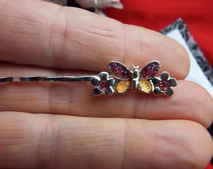 Item HA-0011A - Enameled Sparkly Butterfly and Flowers Bobby Pin