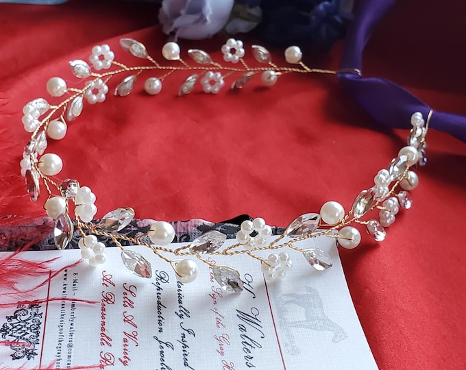 T-0022E - Vintage Style Pearls and Leaves Neoclassical Wire Wrapped Hair Band, Georgian Tiara, Regency Coronet