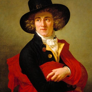 May include: A portrait painting of a man wearing a black hat, a black jacket, a yellow vest, and a red scarf. He is looking to the right of the painting.
