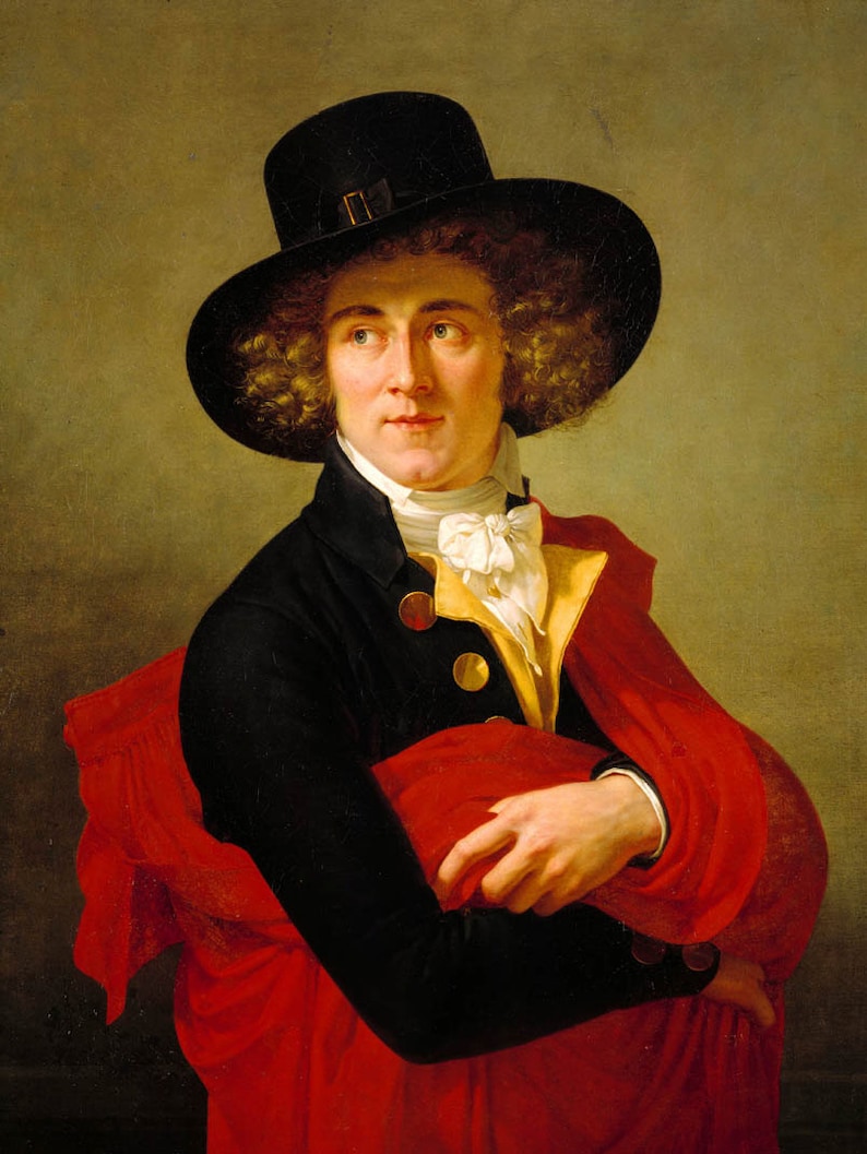 May include: A portrait painting of a man wearing a black hat, a black jacket, a yellow vest, and a red scarf. He is looking to the right of the painting.
