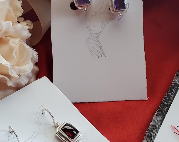 E-0630A - Sterling Silver Earwires with Rectangular Semi-Precious Garnet or Amethyst Drops