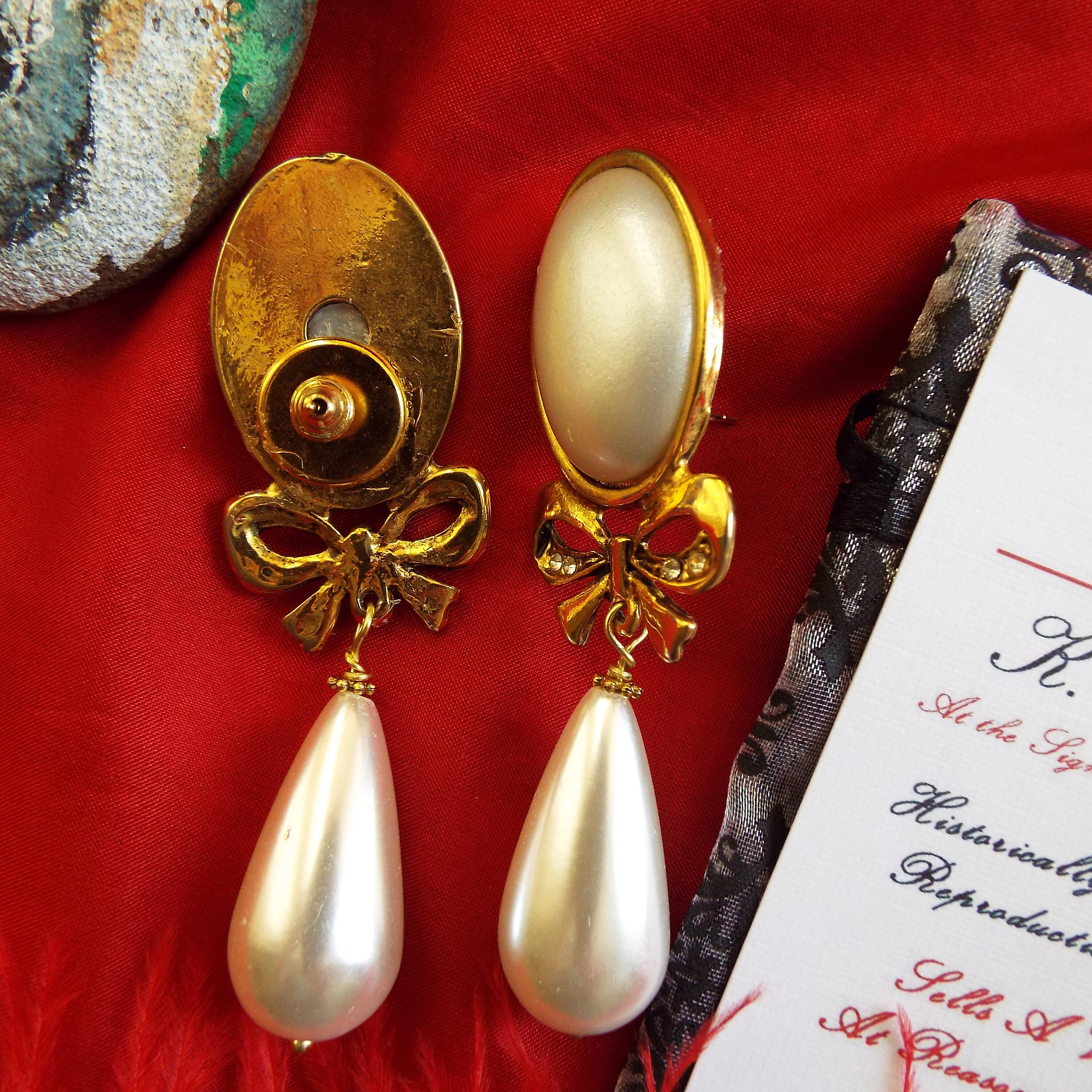 Reenactor Georgian Earrings Vintage Glass Pearl and Bow Earrings E-0339U Living History Costumers