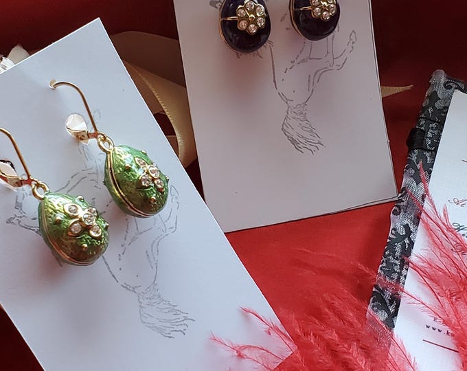 E-0158A - Gold Filled Leverback with Faberge Egg Drops - Georgian Earrings, Faberge Egg, Russian, Museum Reproduction, Imperial Blue Egg