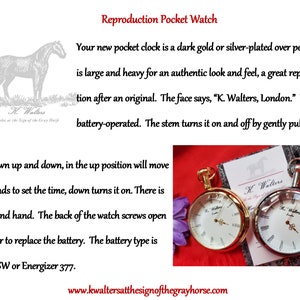 May include: Two pocket watches, one gold-toned and one silver-toned, with white faces and black Roman numerals. The watches have the text "K. Walters, London" on the face. The image includes the text "Reproduction Pocket Watch".