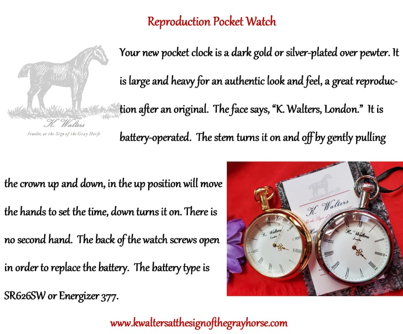 May include: Two pocket watches, one gold-toned and one silver-toned, with white faces and black Roman numerals. The watches have the text "K. Walters, London" on the face. The image includes the text "Reproduction Pocket Watch".