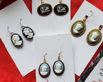 E-0631 - Vintage Cameo Earrings, Lady, Scene, Green, Navy, Black, Blue