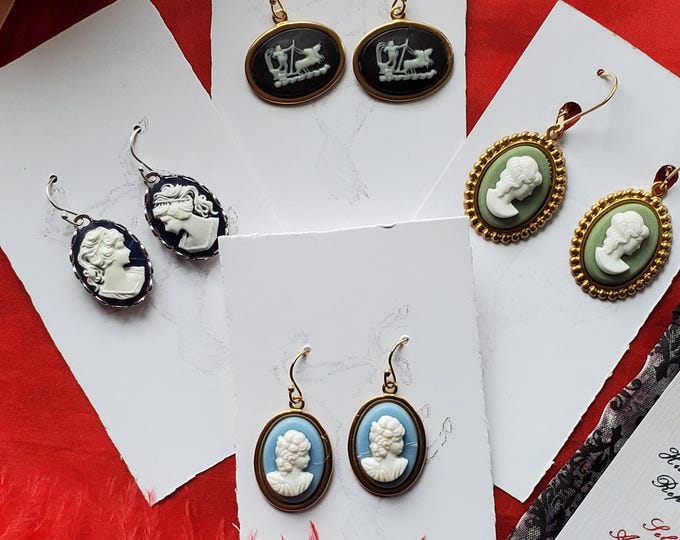 E-0631 - Vintage Cameo Earrings, Lady, Scene, Green, Navy, Black, Blue