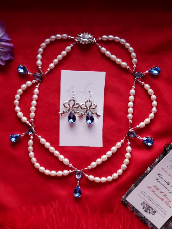Elegant Blue and Red Paisley/ pearl necklace Knotted Pearl Statement Necklace, Red and Blue Pearl  main image 2
