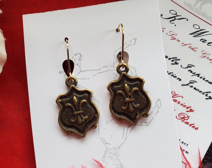 E-0098 - Gold Filled Leverback with Fleur de Lis Shield Drop Earrings