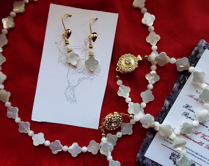 Item N-0072M - Mother of Pearl Clover Necklace, Bracelet, and Earrings - Clover, Cross, Regency, Georgian