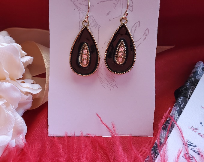 E-0548 - Onyx Enamel and Crystal Teardrop Earrings - Black, Crystals
