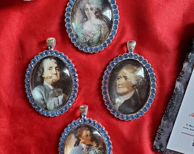 L-0007B - Miniature Pendant in a Blue Rhinestone Silver Frame, Memento Mori, Remembrance Jewelry, Mourning, Miniature Portrait Reproduction