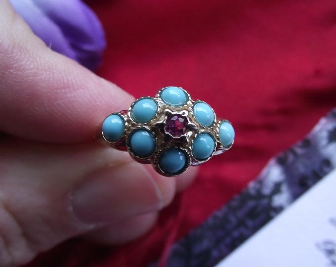 R-0065T - Martha Washington Cluster Ring - Early American Life Directory, Regency Turquoise Ring, Jane Austen Turquoise Ring