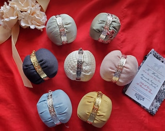 PE-0098BL - Silk Pin Ball - Equipage, Chatelaine, Sewing, Embroidery, Historical Pin Ball, Pin Cushion, Hanging Pin Cushion