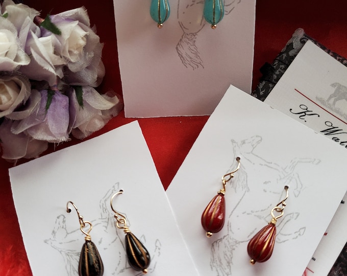 E-0664 - Black, Red, or Aqua Gold Striped Teardrop Earrings - Melon Beads, Czech Beads, Red, Black, Blue