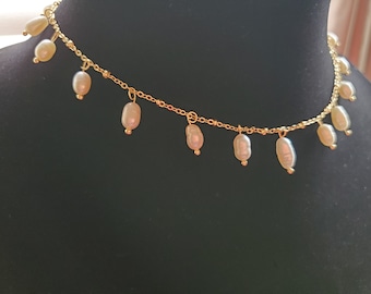 N-0030B - Gold Pearl Chain Necklace with Cultured Pearl Drops - late 18th Century to today