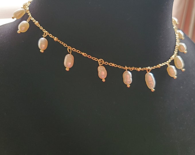 N-0030B - Gold Pearl Chain Necklace with Cultured Pearl Drops - late 18th Century to today