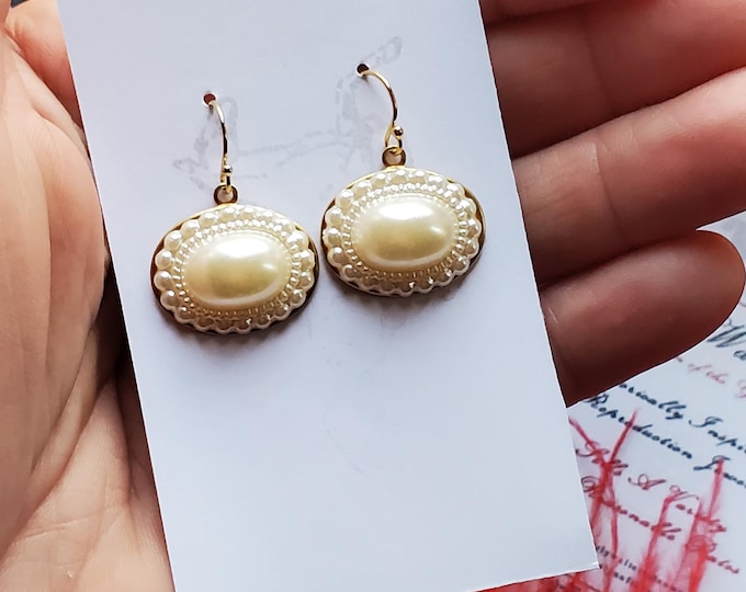 E-0167 - Pearl Glass Cabochon Earrings - Regency, Georgian, Rococo, Baroque