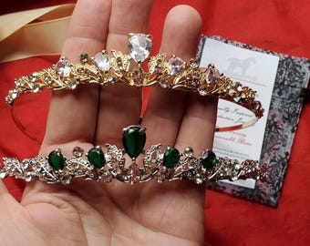 T-0102 - Silver Emerald and Clear Crystal Tiara - Georgian, Regency, Federalist, Victorian, Wedding, Prom, Dance