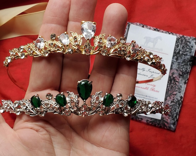 T-0102 - Silver Emerald and Clear Crystal Tiara - Georgian, Regency, Federalist, Victorian, Wedding, Prom, Dance