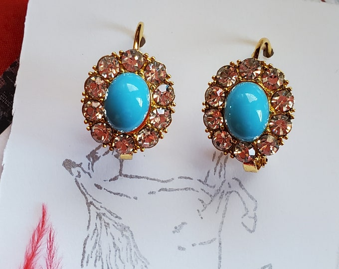 E-0701 - Glass Turquoise and Clear Crystal Forget Me Not Earrings - Georgian, Regency, Victorian, Blue, Clear