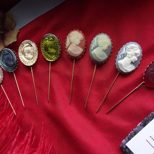 May include: Assortment of eight vintage cameo brooches with gold-tone settings. The cameos feature various designs, including a woman's profile, a floral pattern, and a geometric design. The brooches are displayed on a red fabric background.