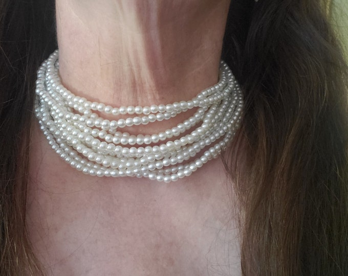 N-0153 - White Vintage Style 12-Strand Glass Pearl Necklace - Multiple Strand Necklace