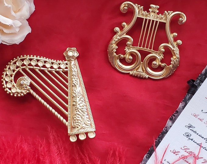 BR-0088- Harp or Lyre Brooch - Georgian, Regency, Jane Austen, Living History, Reenactor, Costumer, Gold