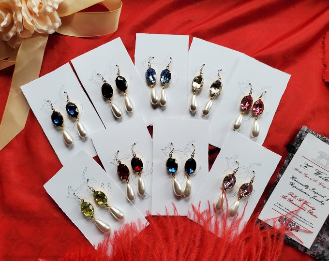 E-0569 - Oval Crystals and Glass Pearl Drops - Georgian Earrings, Pearl Earrings, Rhinestones, Yellow, Green, Blue, Square