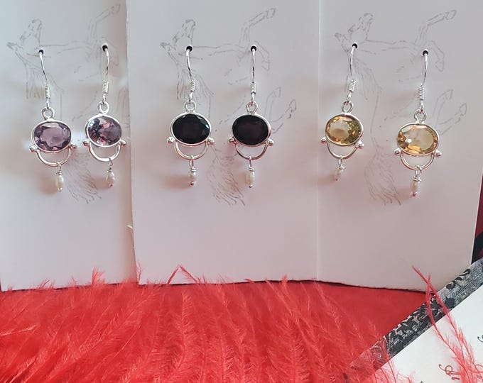 E-0620 - Sterling Silver Regency Style Earrings - Citrine, Amethyst, Garnet