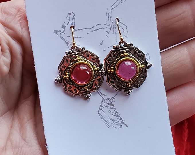 E-0574A - Gold-Filled Silver Rose Glass Drop Earrings - Roman, Ancients, Rose Glass, Pink