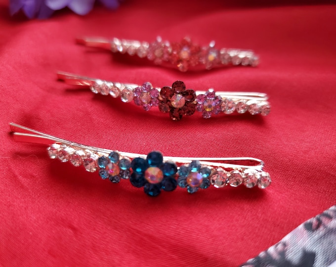 HA-0012 - Sparkly Tapered Flower Bobby Pin - Purple, Pink, Blue, and Clear AB, Flower, Bobby Pin, Hair