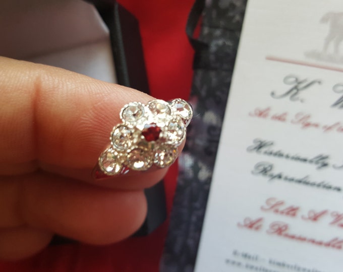 R-0066 - Martha Washington Cluster Ring - Georgian Ring, Regency Ring, Renaissance Ring, Silver Cluster Ring, Emerald, Clear Crystal