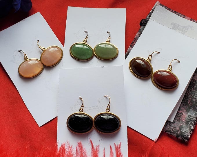 E-0105 - Natural Stone Oval Drop Earrings - Georgian, Regency, Wedding, Prom, Special Occasion