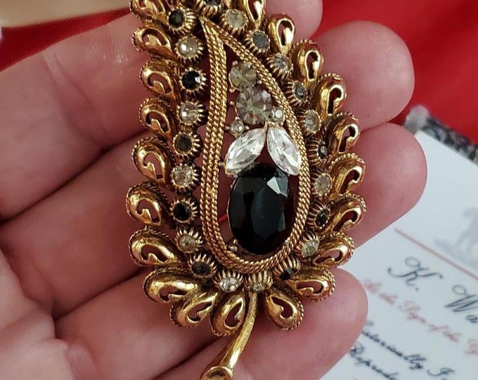 BR-0101 - Coro Black Diamond and Clear Aigrette Brooch - Leaf Brooch