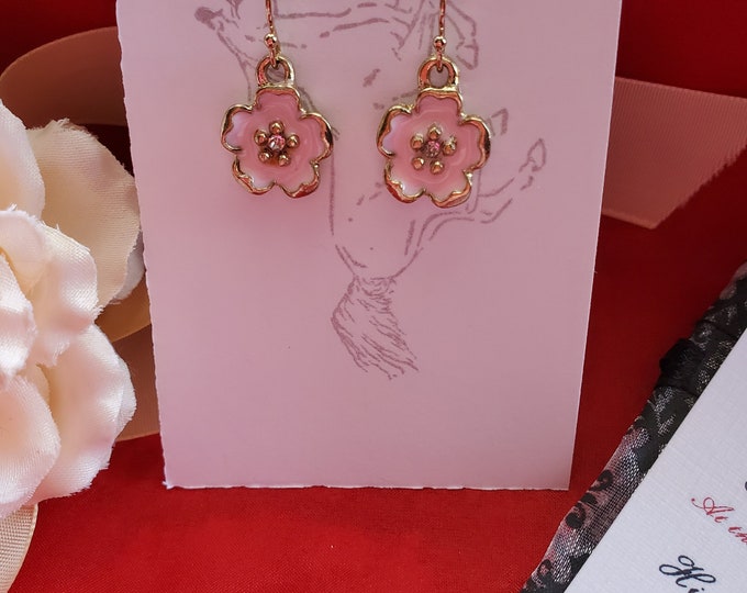 E-0162 - Pink Enamel and Crystal Flower Earrings