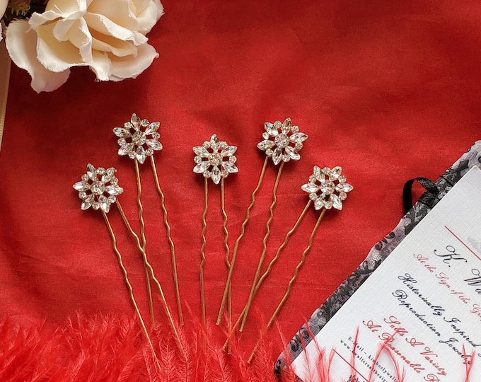 HA-0106C - Gold Plated Crystal Flower Hair Pins - Reenacting, Historical Hair Pins, Wig Sprigs, Hair Decorations