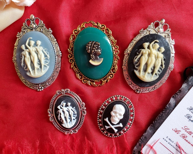 BR-0041 - Variety of Cameo Brooches, Green Cameo, Brass, Clear Cameo, Skull Cameo, Three Graces Blue Black