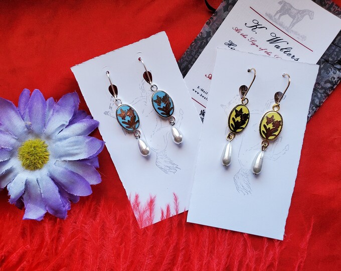 E-0569C - Vintage Enamel Floral Metal Ovals and Glass Pearl Drops - Pearl Earrings, Blue, Yellow, Enamel
