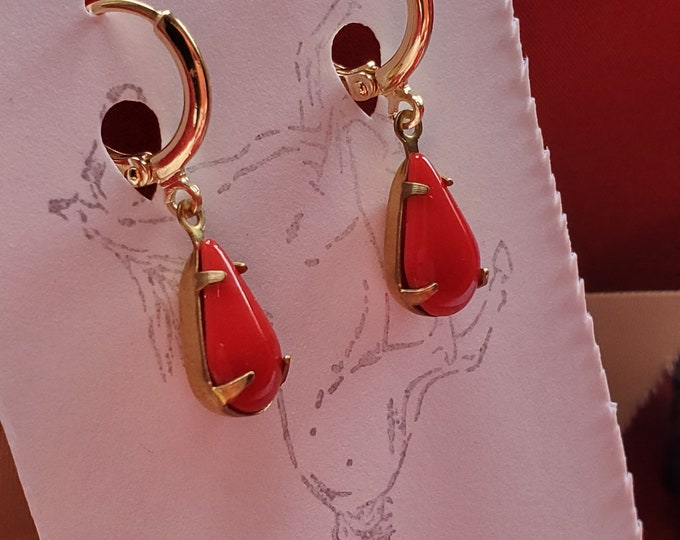 E-0331R - Hoops with Vintage Swarovski Crystal Red Coral Teardrops - Regency Red Coral Hoops, Georgian Red Coral Hoops
