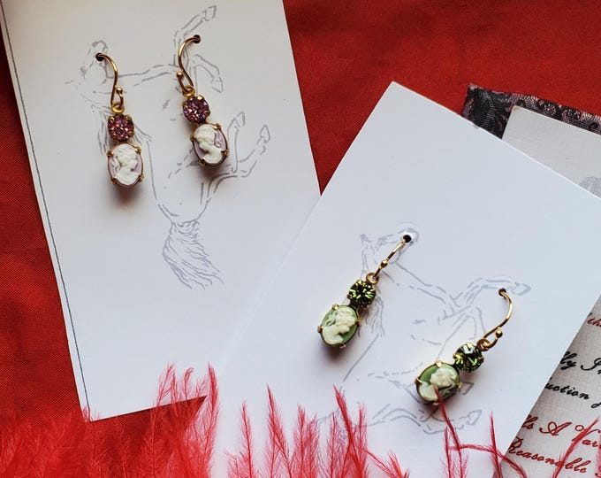 E-0300 - Purple or Green Cameo and Crystal Earrings