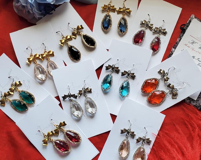 E-0111 - Bow and Crystal Edged Glass Teardrop Earrings - Georgian Paste, Regency