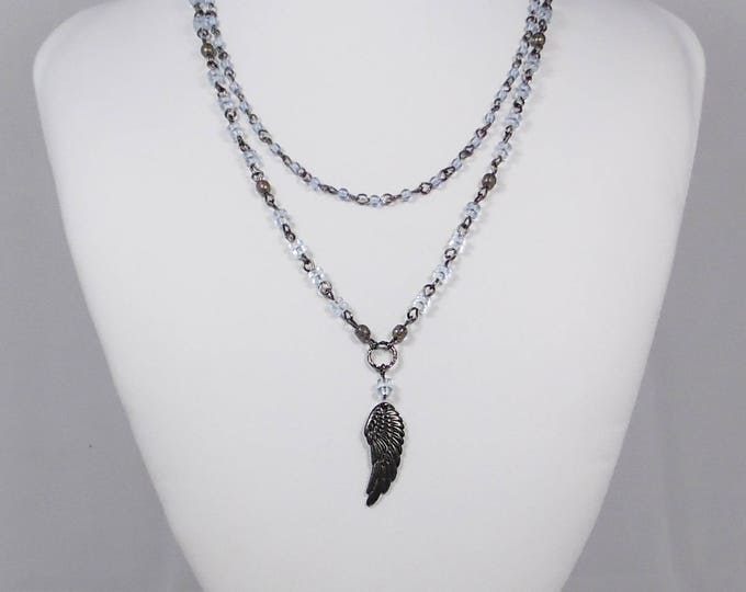 Dark Angel Wing Double Strand Necklace With Light Sapphire Beads