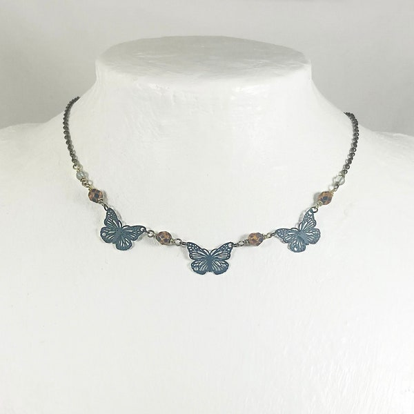 Blue Butterfly Choker with Czech Glass Goldenrod Picasso Beads and Bronze Chain